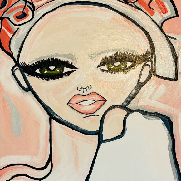 Hand-Painted Abstract Canvas Art Of Woman Rosy Headdress & Bold Eyes Signed RP - Picture 2 of 10